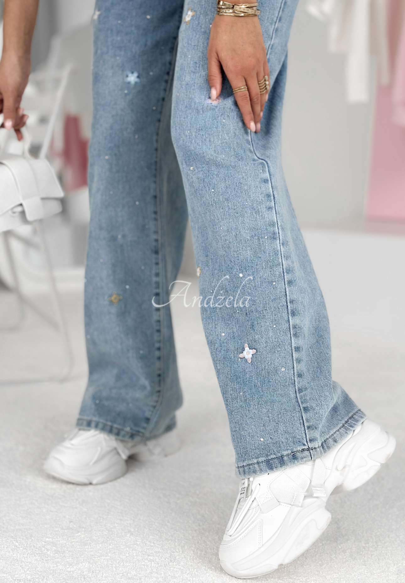 Blugi din denim Flowers And Stars cu broderii