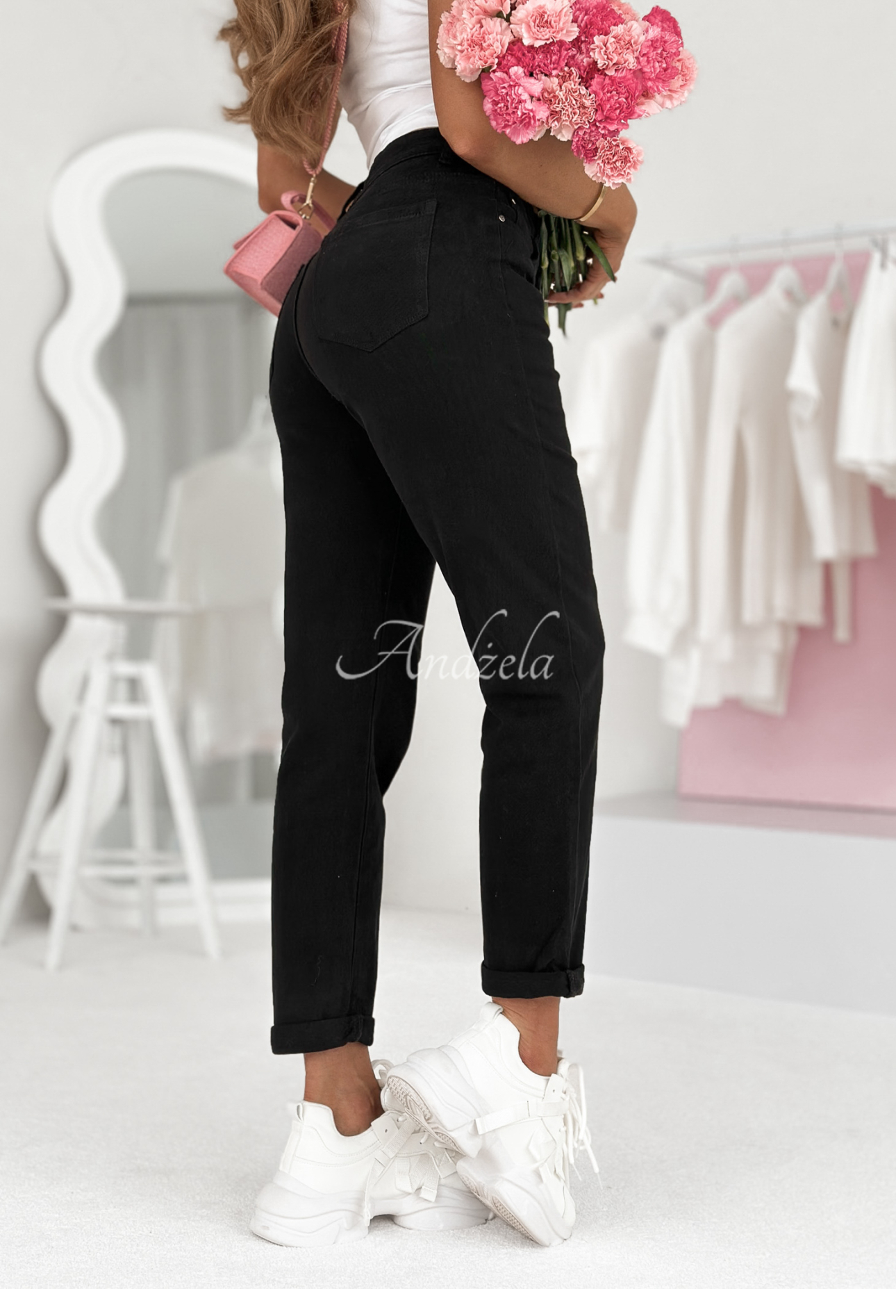 Blugi mom fit din denim Key Components cu curea