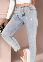 Pantaloni din denim z haftami Little Flowers albastru deschis