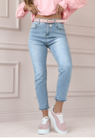 Pantaloni din denim z paskiem Favourite Person albastru deschis