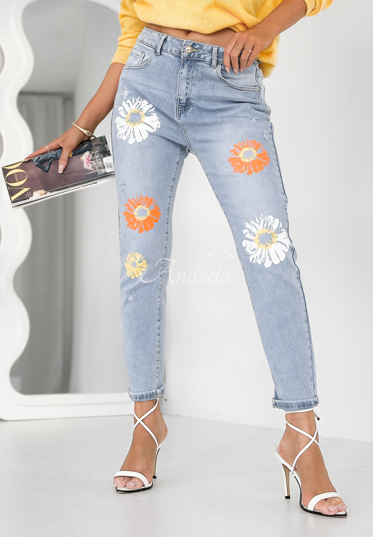 Blugi din denim Spring Petals cu imprimeu floral