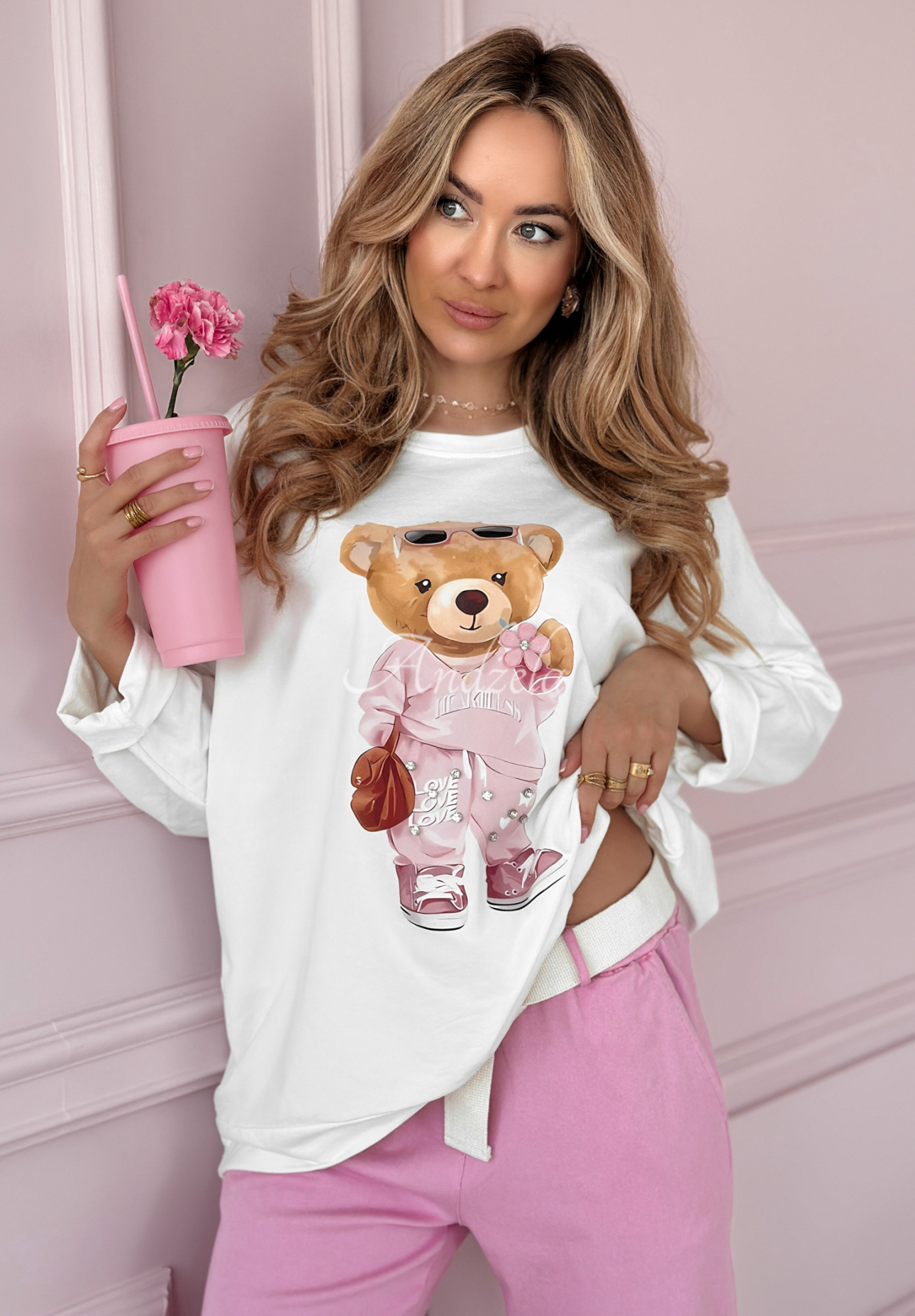 Hanorac oversize cu imprimeu Sweet Teddy