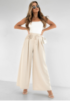 din material textil Pantaloni wide leg z różą Make Me Happier bej