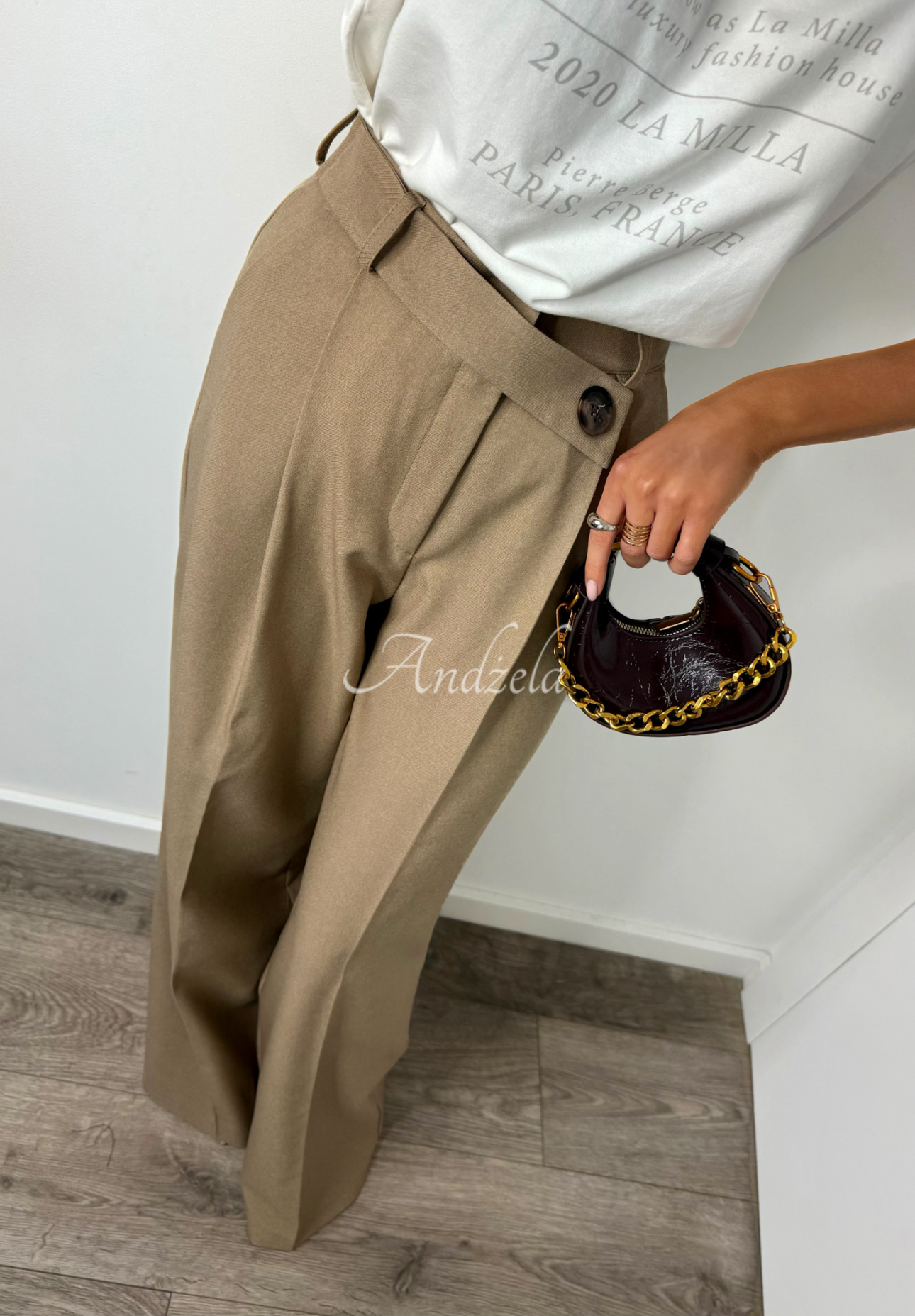 din material textil Pantaloni wide leg La Milla Do Something ciemnobeżowe