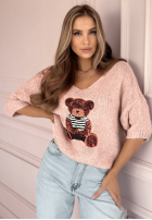 Pulover oversize z misiem Bear Signature roz pudră