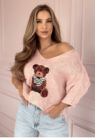 Pulover oversize z misiem Bear Signature roz pudră