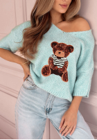 Pulover oversize z misiem Bear Signature albastru azuriu