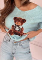 Pulover oversize z misiem Bear Signature albastru azuriu