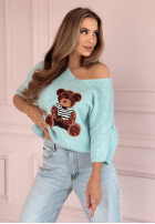 Pulover oversize z misiem Bear Signature albastru azuriu