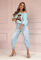 Pulover oversize z misiem Bear Signature albastru azuriu