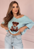 Pulover oversize z misiem Bear Signature albastru azuriu