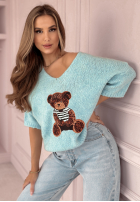 Pulover oversize z misiem Bear Signature albastru azuriu