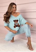 Pulover oversize z misiem Bear Signature albastru azuriu