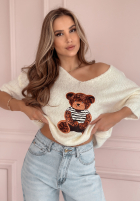 Pulover oversize z misiem Bear Signature ecru