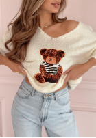 Pulover oversize z misiem Bear Signature ecru