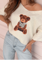 Pulover oversize z misiem Bear Signature ecru