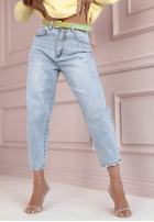 Pantaloni din denim mom fit z paskiem For A While albastre