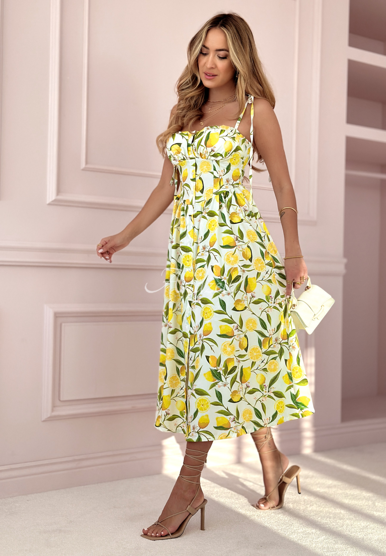 Rochie maxi cu bretele Sour Citrus cu imprimeu cu lămâi