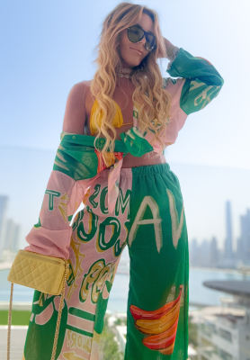 Compleu cu imprimeu Summer Expressions format din cămașă și pantaloni wide leg