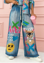 Pantaloni wide leg cu modele Relaxed Teddy albastre