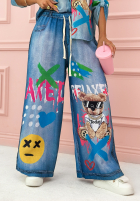 Pantaloni wide leg cu modele Relaxed Teddy ciemnoniebieskie