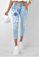 Pantaloni din denim z nadrukiem Dusky Petals albastre