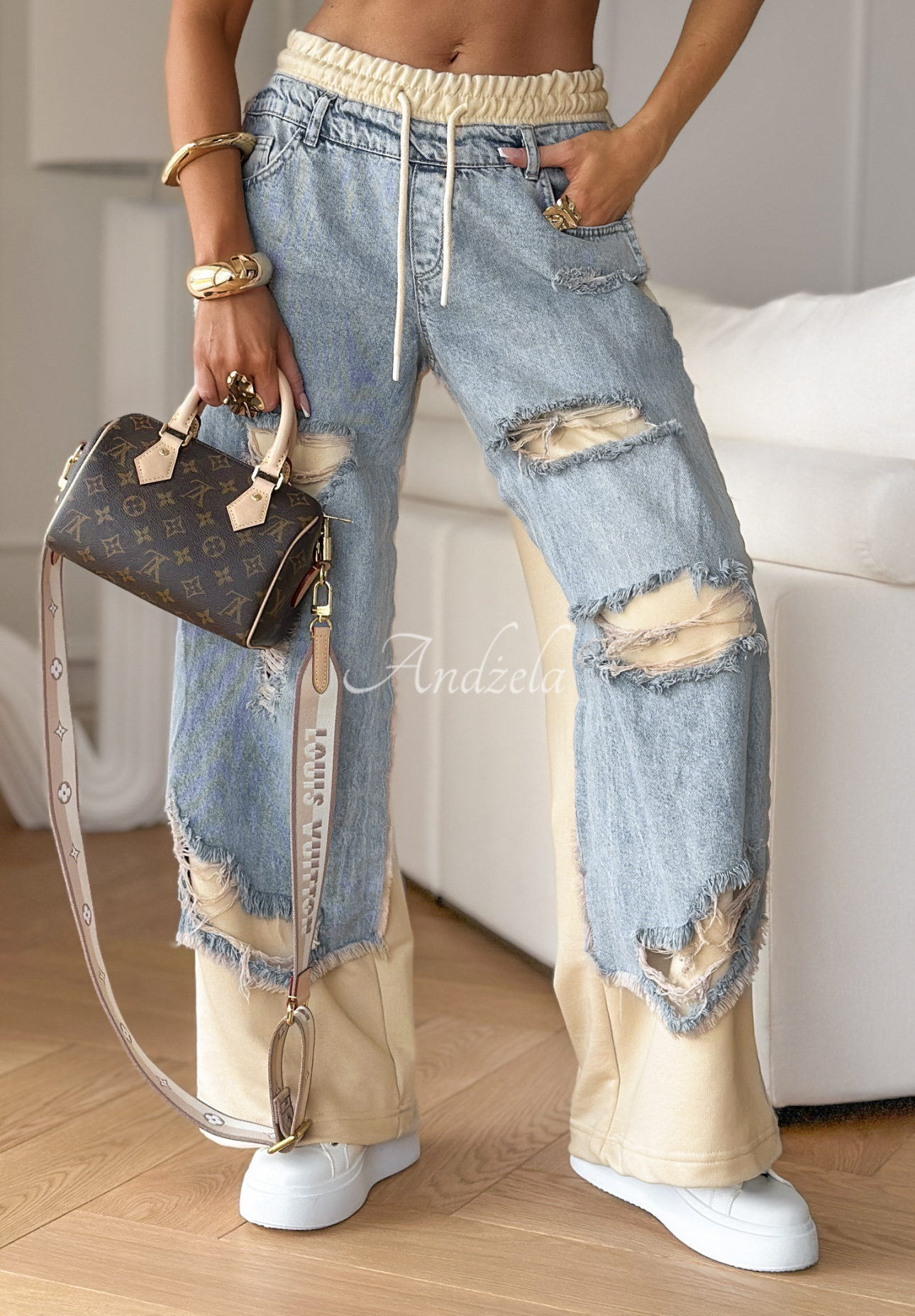 Pantaloni tip trening și denim Reversion cu abraziuni