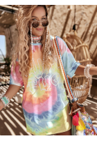 Długi Tricou oversize tie dye Chill Out różowo-galbene