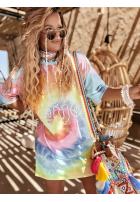 Długi Tricou oversize tie dye Chill Out różowo-galbene