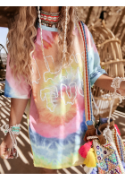 Długi Tricou oversize tie dye Chill Out różowo-galbene