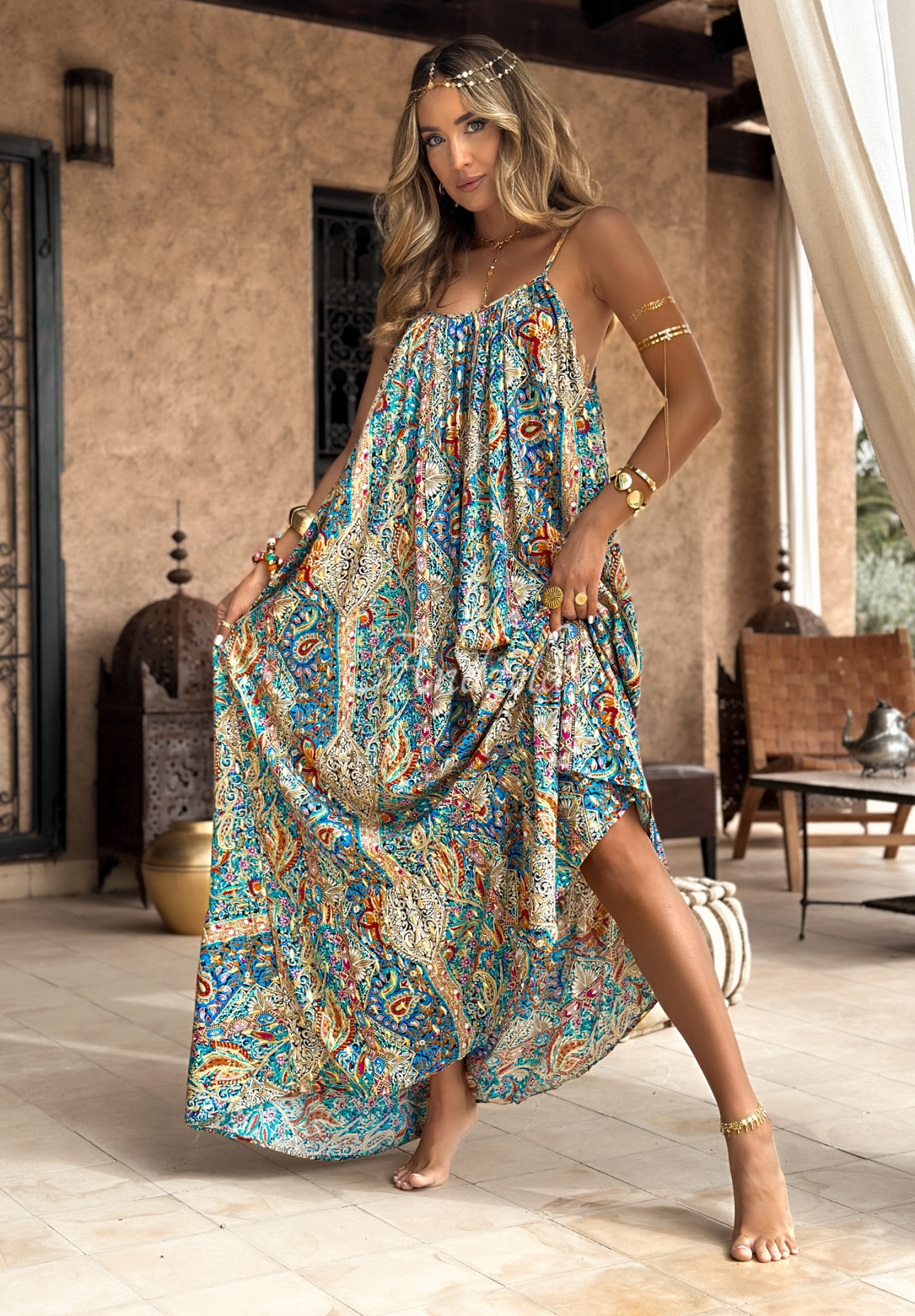 Rochie maxi din viscoză cu bretele și imprimeu Happy Summer