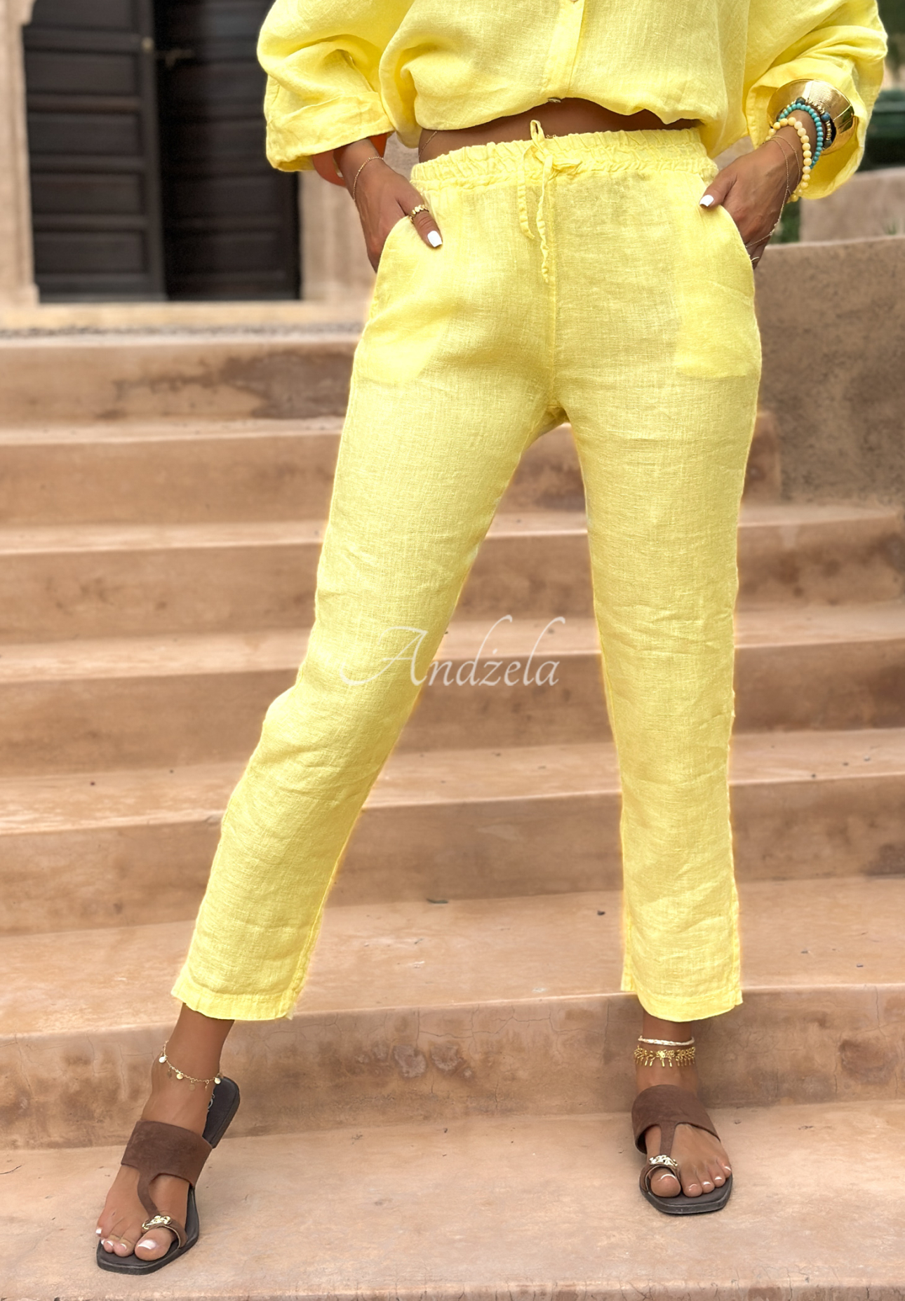 Pantaloni din in Summery Essentials cu legare
