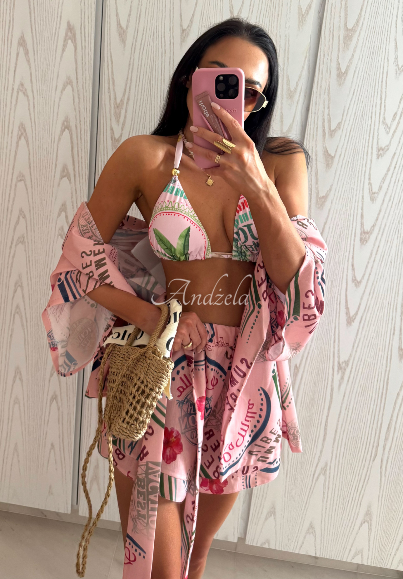 Set din in cu imprimeu La Milla Sunbathing Today format din cămașă și pantaloni scurți