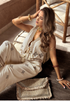 Pantaloni wide leg z haftami boho Worth A Visit jasnobeżowe