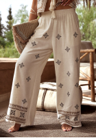 Pantaloni wide leg z haftami boho Worth A Visit jasnobeżowe