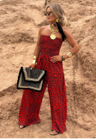 Długi Salopetă wide leg cu model tip panteră Flower Fusion roșu