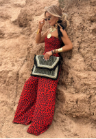 Długi Salopetă wide leg cu model tip panteră Flower Fusion roșu