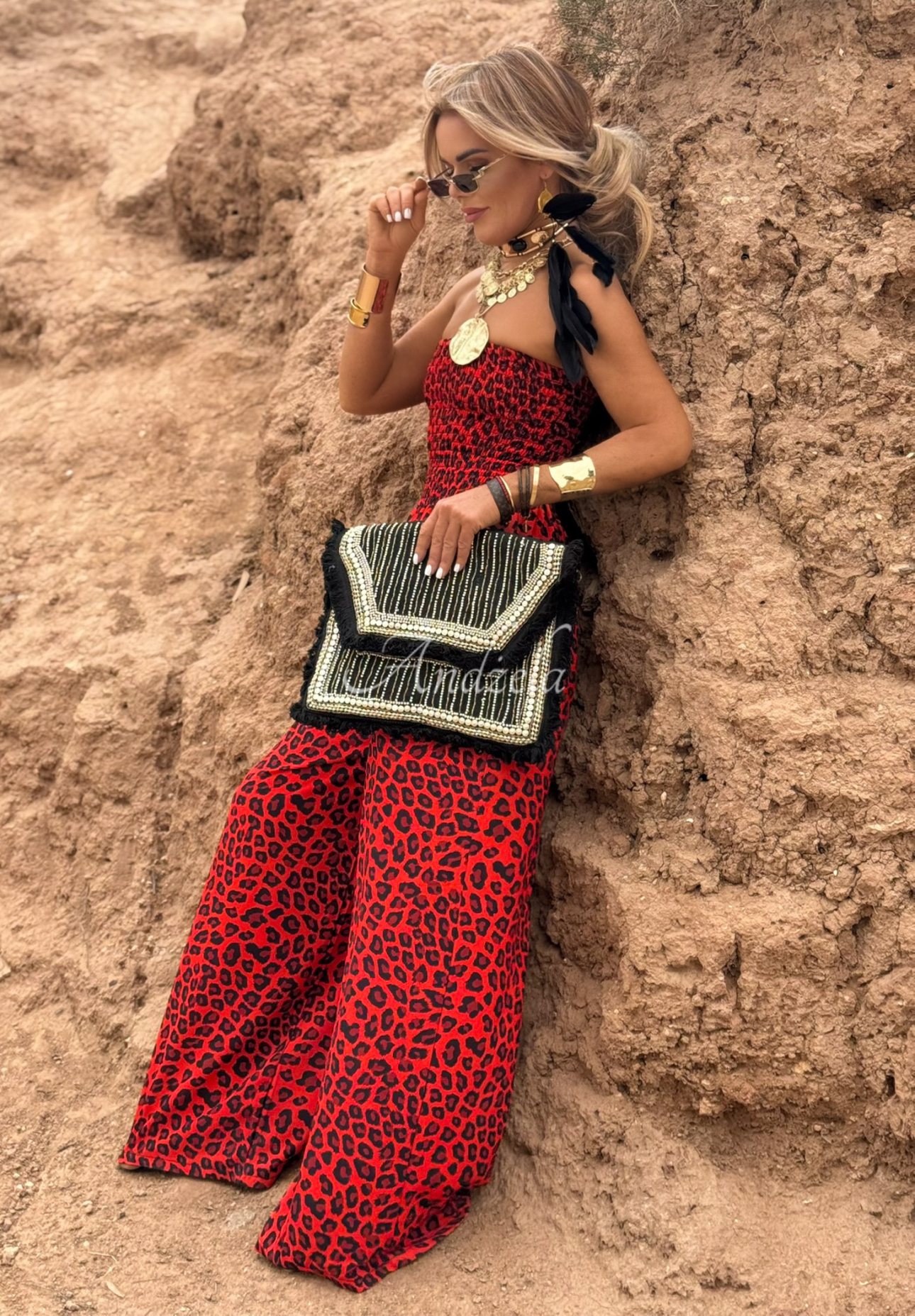 Salopetă lungă wide leg Wild Fusion cu imprimeu leopard