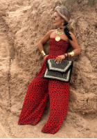 Długi Salopetă wide leg cu model tip panteră Flower Fusion roșu