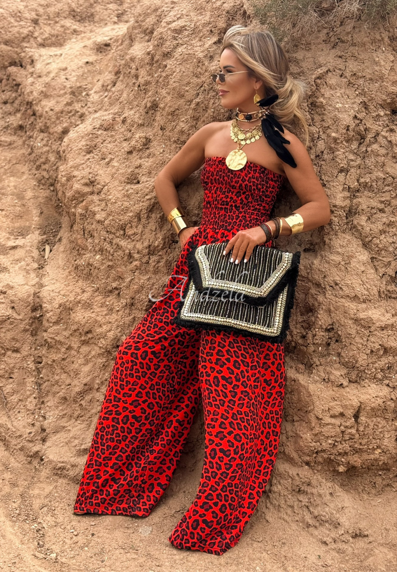 Salopetă lungă wide leg Wild Fusion cu imprimeu leopard