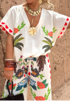 Compleu Bluză i Pantaloni wide leg cu modele Flowers & Palms jasnobeżowy
