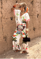 Compleu Bluză i Pantaloni wide leg cu modele Flowers & Palms jasnobeżowy