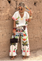 Compleu Bluză i Pantaloni wide leg cu modele Flowers & Palms jasnobeżowy