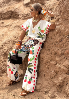 Compleu Bluză i Pantaloni wide leg cu modele Flowers & Palms jasnobeżowy