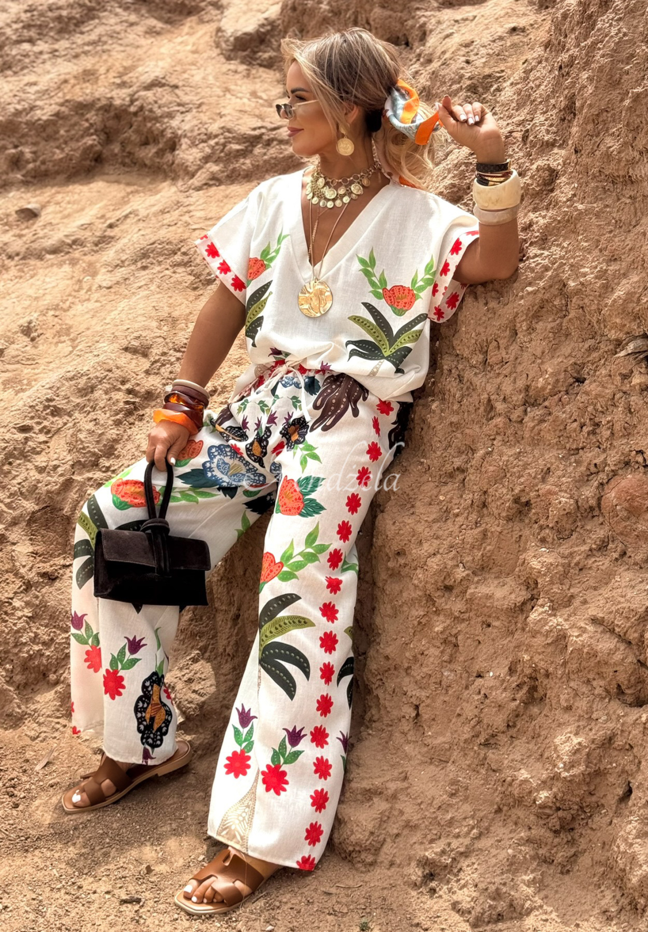 Set format din bluză și pantaloni wide leg Flowers &amp; Palms cu imprimeu