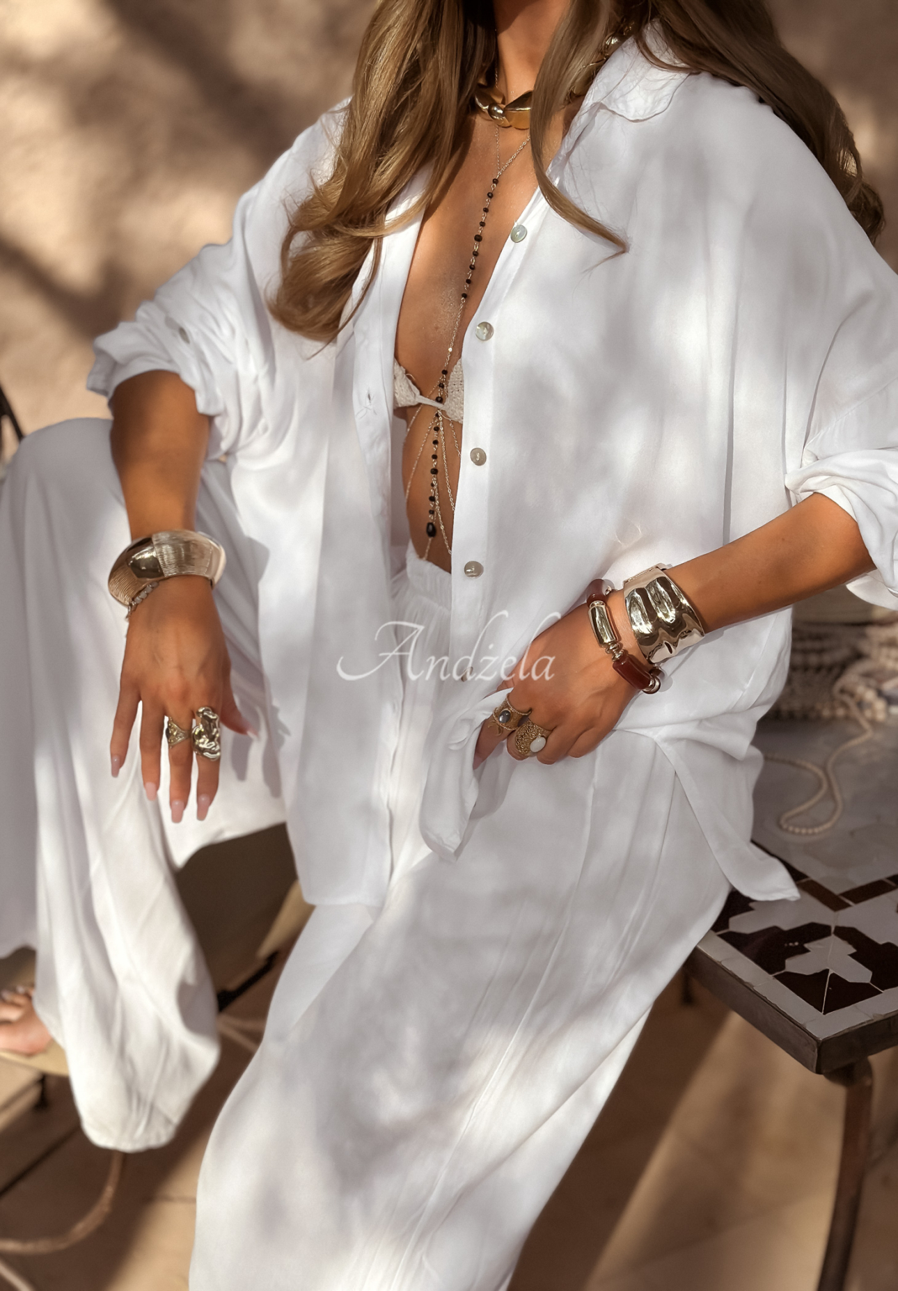 Set din viscoză Summer Skies format din cămașă și pantaloni wide leg