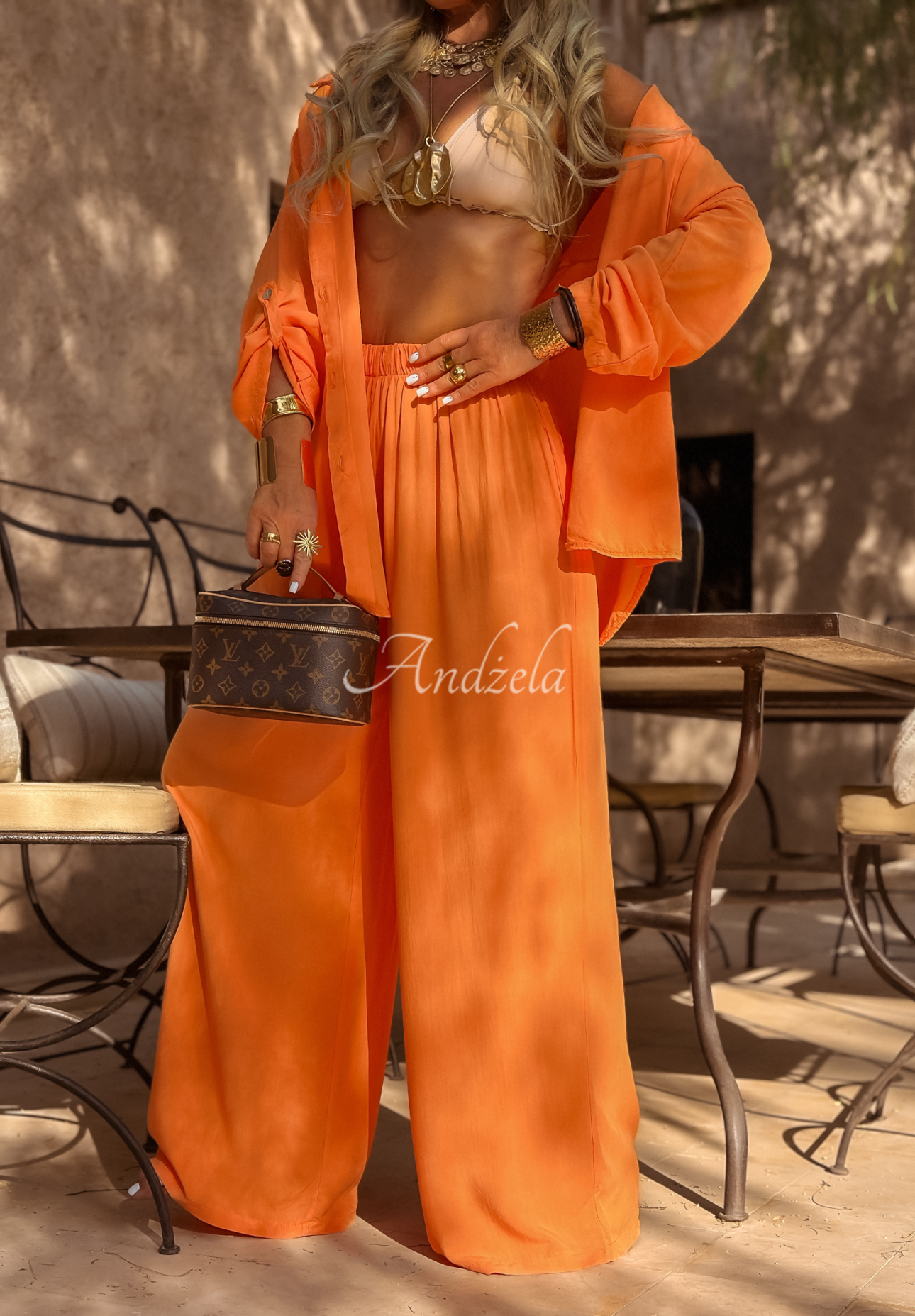 Set din viscoză Summer Skies format din cămașă și pantaloni wide leg