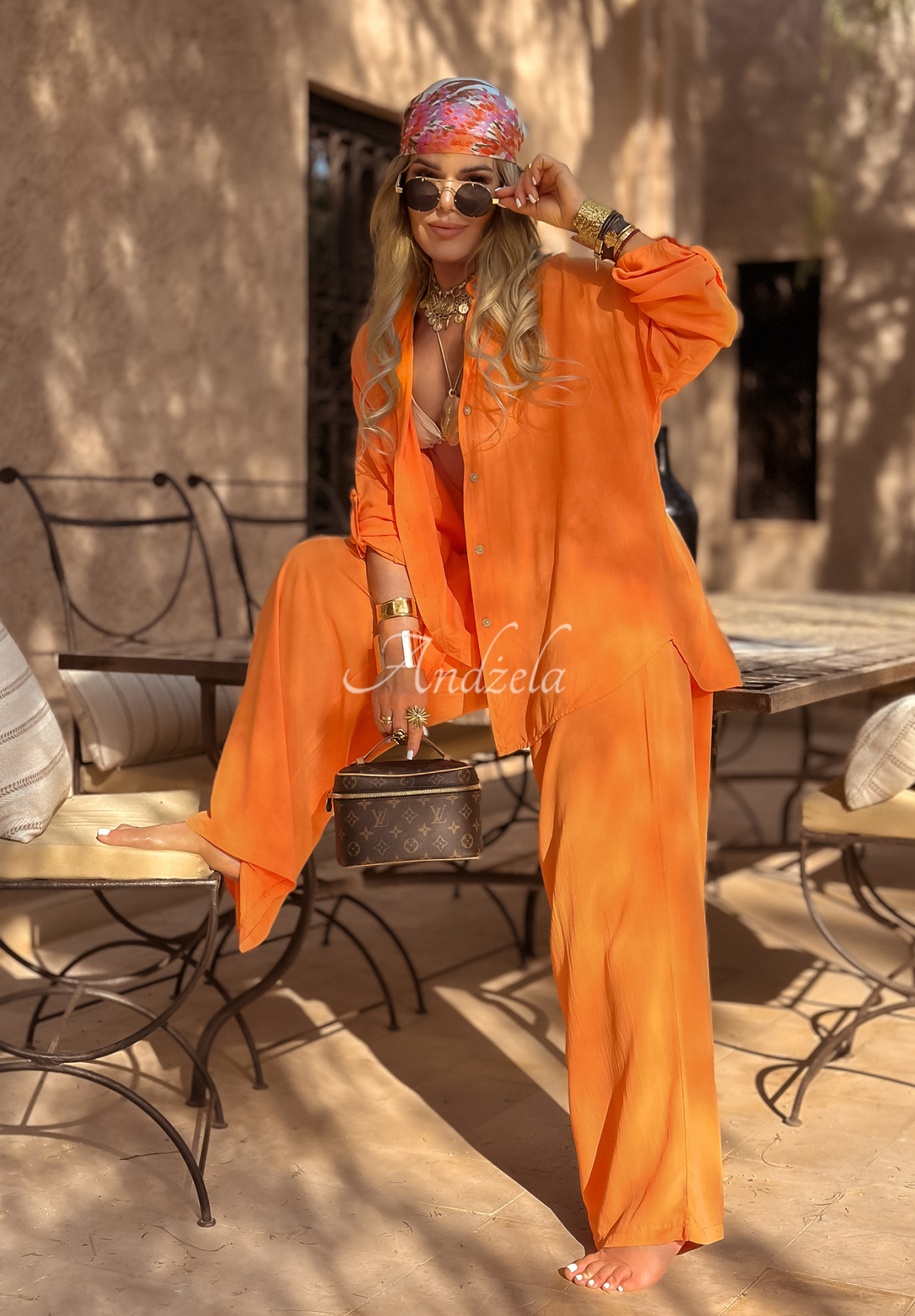 Set din viscoză Summer Skies format din cămașă și pantaloni wide leg