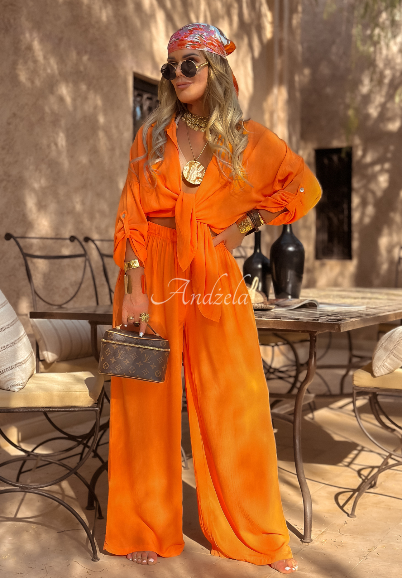 Set din viscoză Summer Skies format din cămașă și pantaloni wide leg
