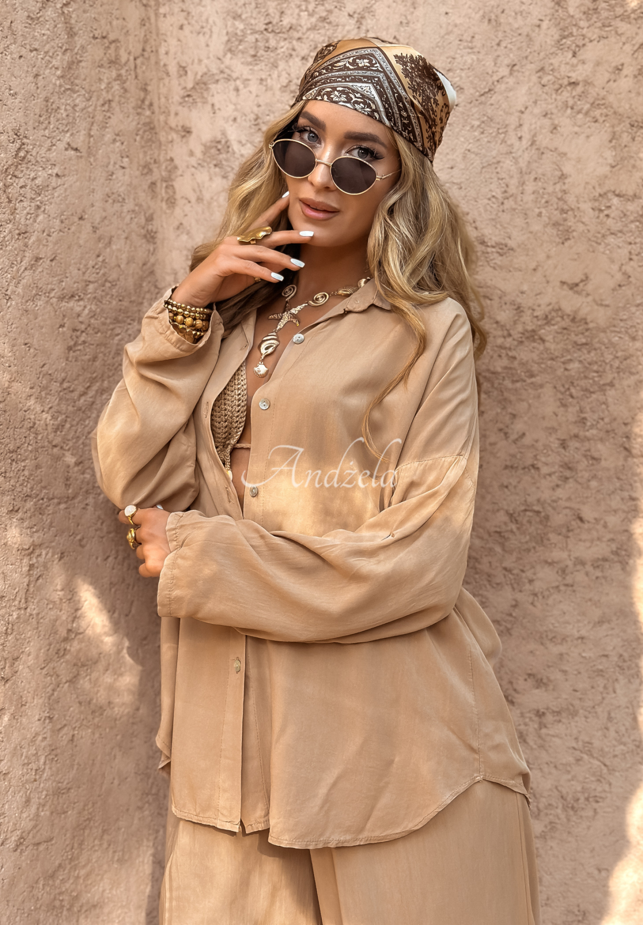 Set din viscoză Summer Skies format din cămașă și pantaloni wide leg